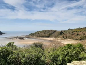 Vue panoramique sur l'anse sablonneuse de la vallée de Goas Largorn à marée basse, encadrée de collines boisées, Côtes-d'Armor, Bretagne