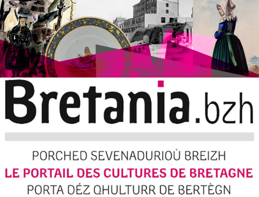 Logo du portail des cultures de Bretagne Bretania.bzh, avec un bandeau illustré de documents patrimoniaux bretons